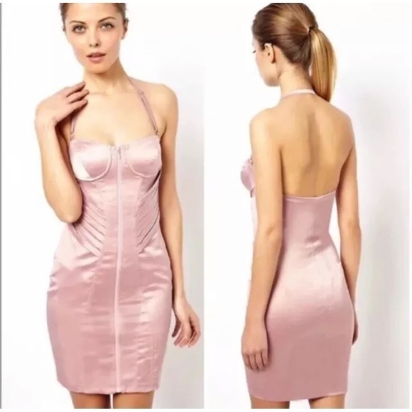 ASOS x Rayan Odyll Pastel Pink Satin Bustier Halter Bodycon Mini Dress Size 12 - Picture 3 of 7